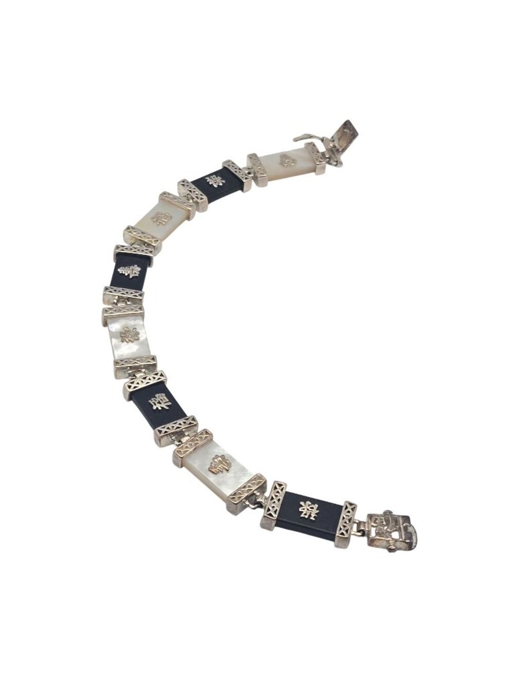 Vintage 925 Sterling Silver Mother Of Pearl Black Onyx Chinese Character Bracele